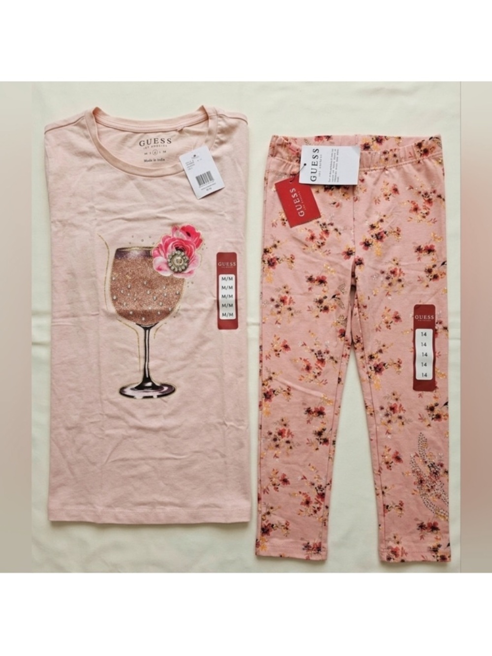 GUESS Pink Floral Wine Glass Tee and Floral Leggings Set